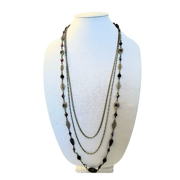 Vintage Miriam Haskell Possible Garnet Triple Layer Gold Tone Necklace, Signed - Picture 3 of 16